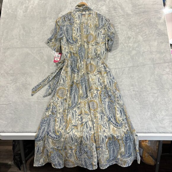 VINCE CAMUTO Paisley Print Wrap Midi Dress Sz XS Blue Yellow V Neck Collared NWT - Picture 3 of 9